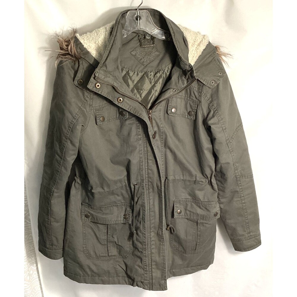 Joujou Womens Parka Jacket L Green Khaki Faux Fur Trim Hood Snap Zip Coat